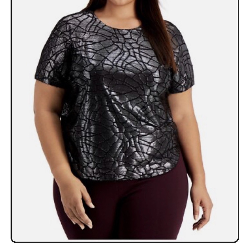 Alfani Women's Velvet Burnout Top Metallic Short Sleeve Black Gunmetal Size 3X